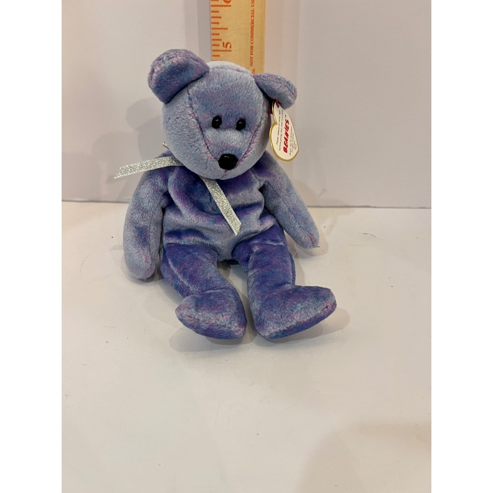 Ty Beanie Baby Clubby II Purple Blue Mottled Bear Plush SilverRibbon 1999 tagged